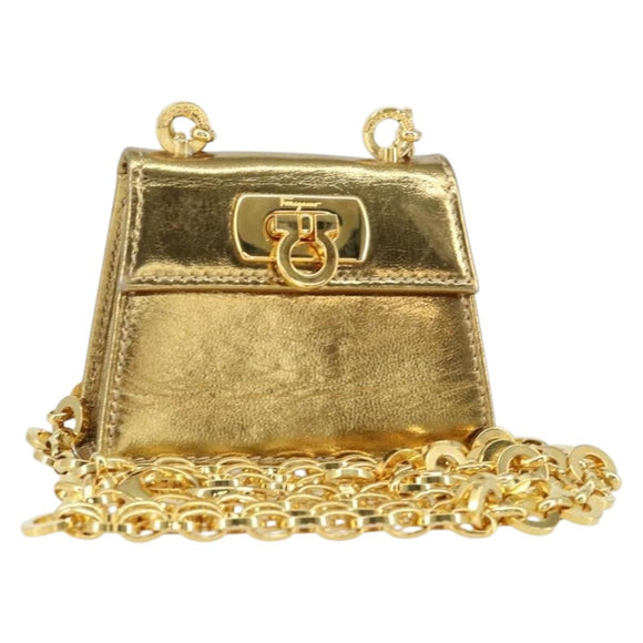 Salvatore Ferragamo Gancini Micro Chain Shoulder Bag Leather Gold Auth BA8245
