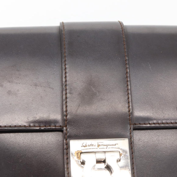Salvatore Ferragamo Gancini Schoudertas Leer Donkerbruin Auth BA825