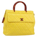 CHANEL Matelasse Hand Bag Lamb Skin Yellow CC Auth BA8254-1