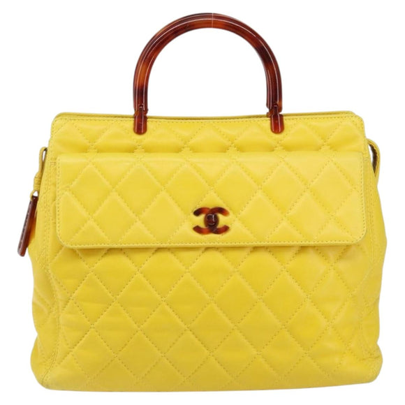 CHANEL Matelasse Hand Bag Lamb Skin Yellow CC Auth BA8254
