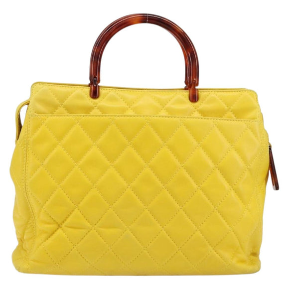 CHANEL Matelasse Hand Bag Lamb Skin Yellow CC Auth BA8254