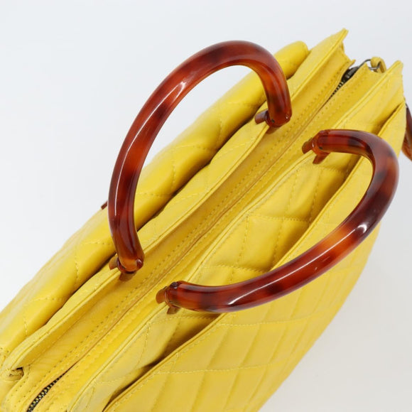 CHANEL Matelasse Hand Bag Lamb Skin Yellow CC Auth BA8254