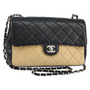 CHANEL Matelasse Chain Shoulder Bag Lamb Skin Beige Black CC Auth BA8256-1