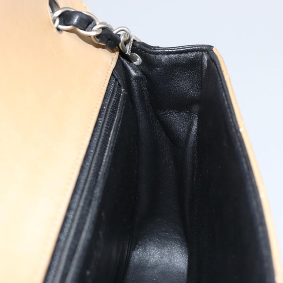 CHANEL Matelasse Chain Shoulder Bag Lamb Skin Beige Black CC Auth BA8256