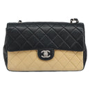 CHANEL Matelasse Chain Shoulder Bag Lamb Skin Beige Black CC Auth BA8256-2