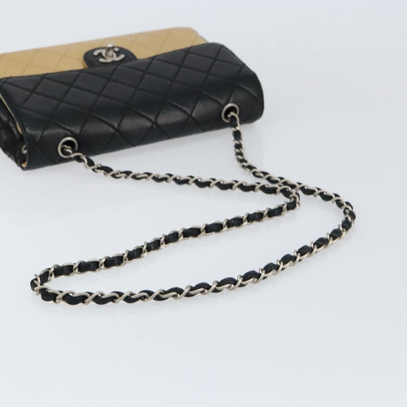 CHANEL Matelasse Chain Shoulder Bag Lamb Skin Beige Black CC Auth BA8256
