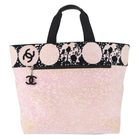 CHANEL High Summer Tote Bag Canvas Leather Pink Silver CC Auth BA8259
