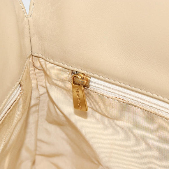 CHANEL Tote Bag Lamb Skin Beige Gold CC Auth BA8261