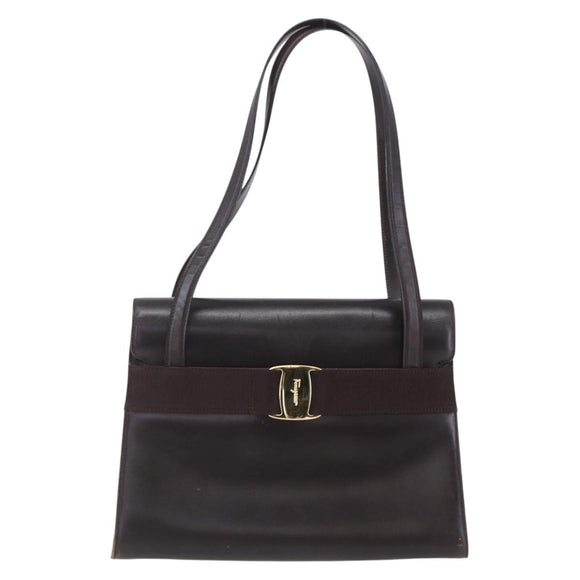 Salvatore Ferragamo Vala Tote Bag Leather Brown Gold Auth BA8394