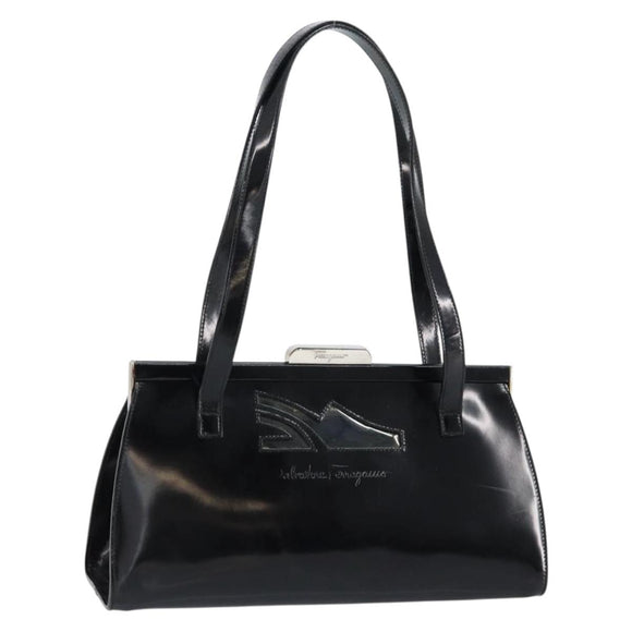 Salvatore Ferragamo Tote Bag Enamel Black Silver Auth BA8395
