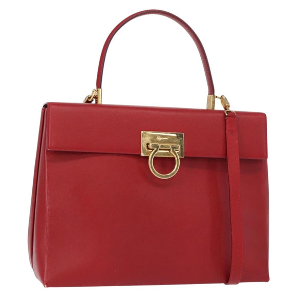 Salvatore Ferragamo Gancini Hand Bag Leather 2way Red Gold Auth BA8396