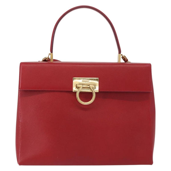 Salvatore Ferragamo Gancini Hand Bag Leather 2way Red Gold Auth BA8396