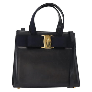Salvatore Ferragamo Vala Hand Bag Leather 2way Navy Gold Auth BA8399