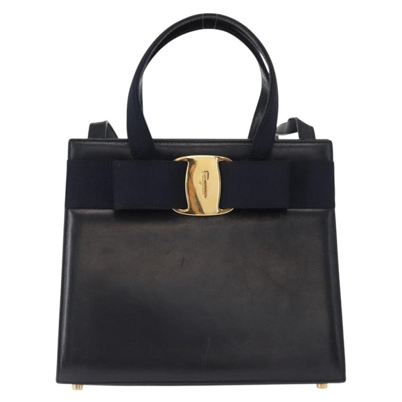 Salvatore Ferragamo Vala Hand Bag Leather 2way Navy Gold Auth BA8399