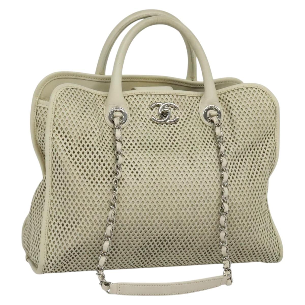 CHANEL Chain Hand Bag Leather 2way White Silver CC Auth