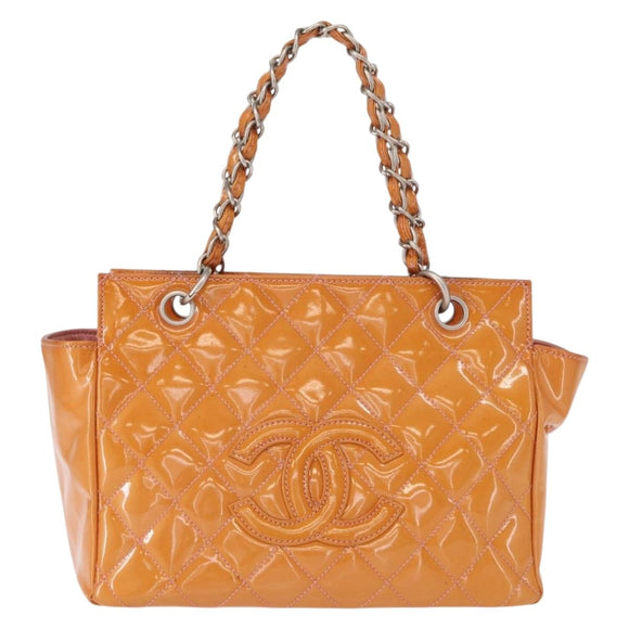 CHANEL Matelasse Chain Hand Bag Enamel Orange Silver CC Auth BA8407
