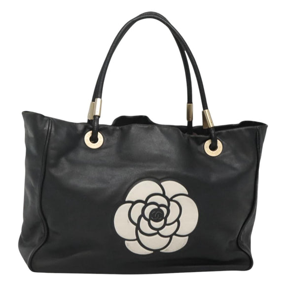 CHANEL Camelia Tote Bag Lamb Skin Black CC Auth BA841