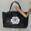 CHANEL Camelia Tote Bag Lamb Skin Black CC Auth BA841-21