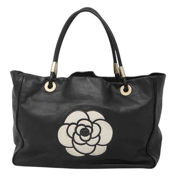CHANEL Camelia Tote Bag Lamb Skin Black CC Auth BA841