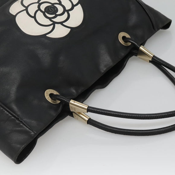 CHANEL Camelia Tote Bag Lamb Skin Black CC Auth BA841