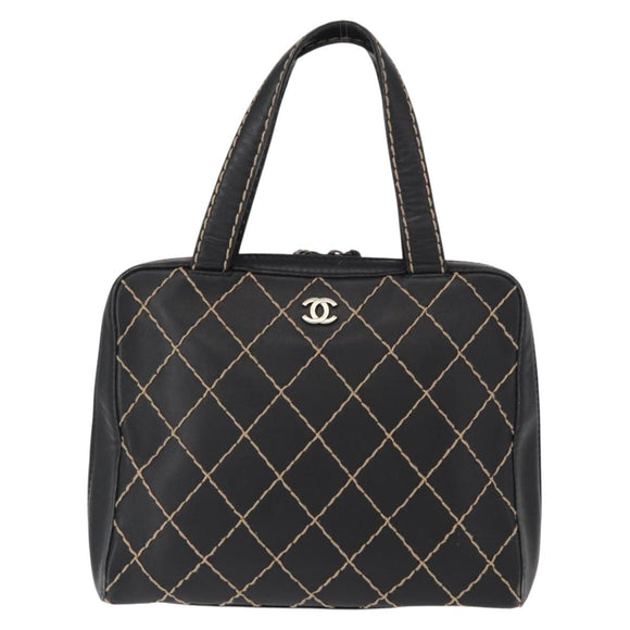 CHANEL Wild stitch Hand Bag Lamb Skin Black CC Auth BA8410