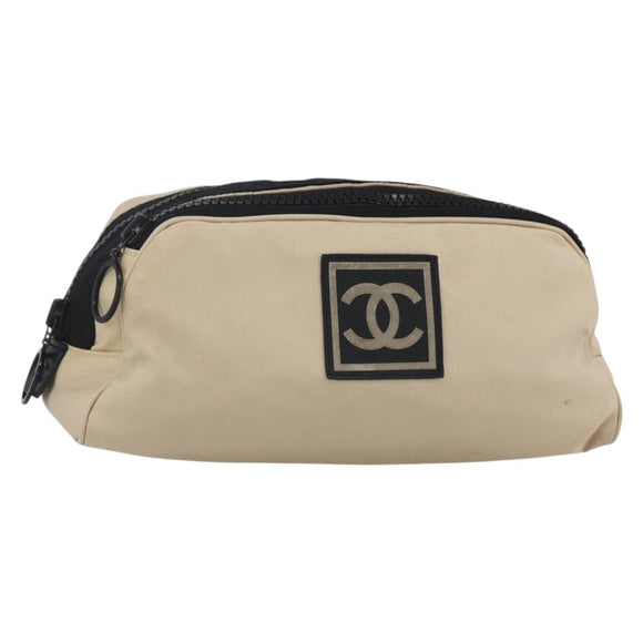 CHANEL Sports Clutch Bag Nylon Beige Black CC Auth BA8411