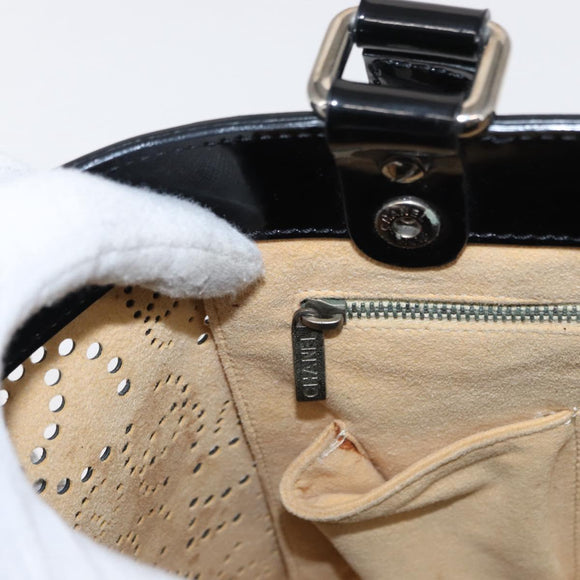 CHANEL Punching Hand Bag Enamel Black Silver CC Auth BA8412