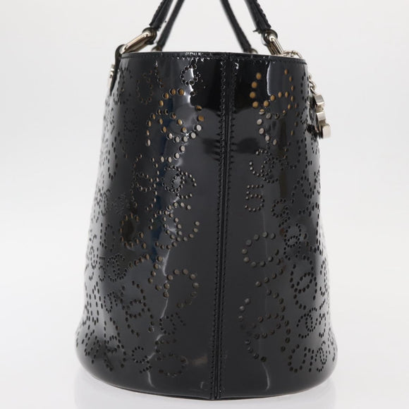 CHANEL Punching Hand Bag Enamel Black Silver CC Auth BA8412