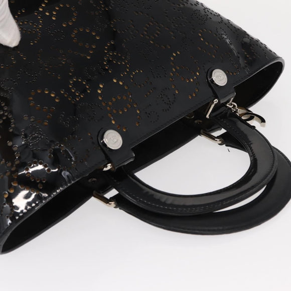 CHANEL Punching Hand Bag Enamel Black Silver CC Auth BA8412