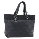 CHANEL Paris Biarritz MM Tote Bag Coated Canvas Black Silver CC Auth BA8414-1