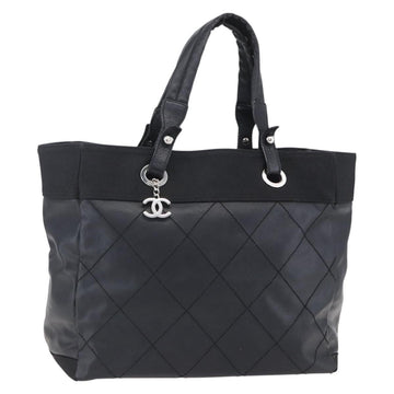 CHANEL Paris Biarritz MM Tote Bag Coated Canvas Black Silver CC Auth BA8414