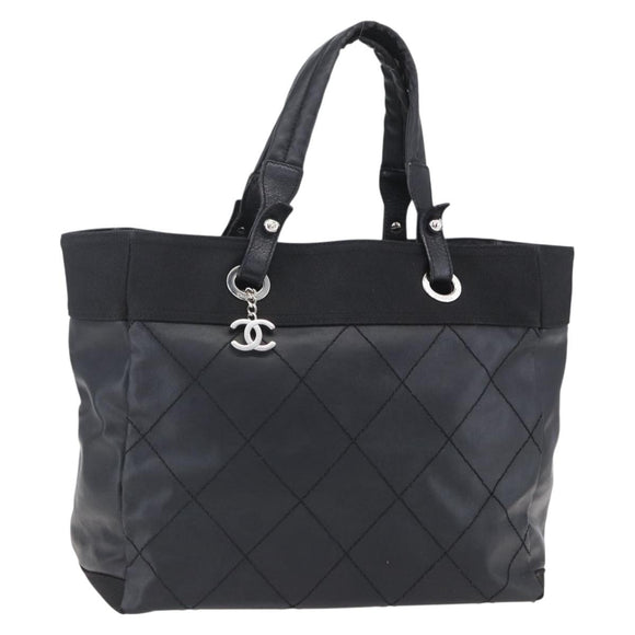 CHANEL Paris Biarritz MM Tote Bag Coated Canvas Black Silver CC Auth BA8414