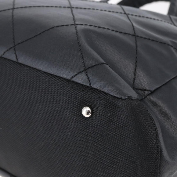 CHANEL Paris Biarritz MM Tote Bag Coated Canvas Black Silver CC Auth BA8414