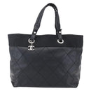 CHANEL Paris Biarritz MM Tote Bag Coated Canvas Black Silver CC Auth BA8414-13