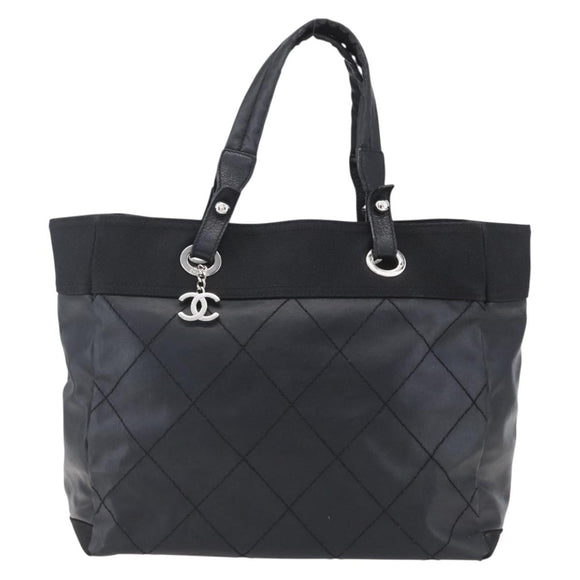 CHANEL Paris Biarritz MM Tote Bag Coated Canvas Black Silver CC Auth BA8414