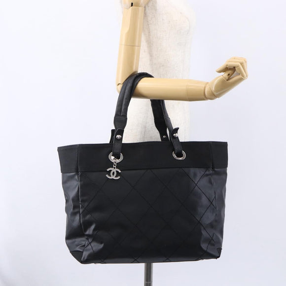 CHANEL Paris Biarritz MM Tote Bag Coated Canvas Black Silver CC Auth BA8414