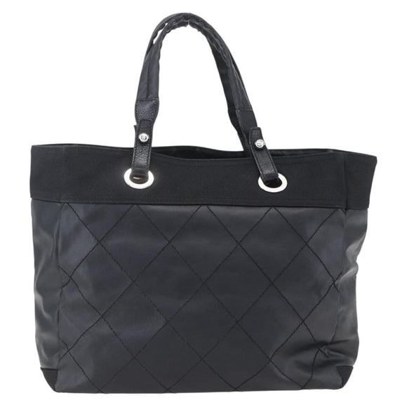 CHANEL Paris Biarritz MM Tote Bag Coated Canvas Black Silver CC Auth BA8414