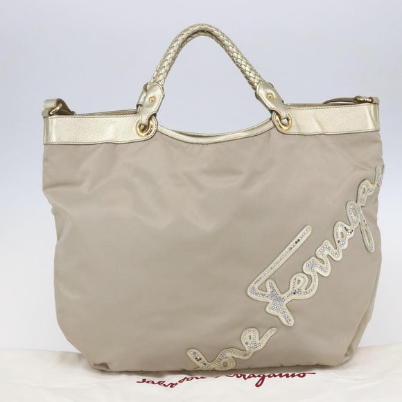 Salvatore Ferragamo Hand Bag Nylon 2way Gold Auth BA8425
