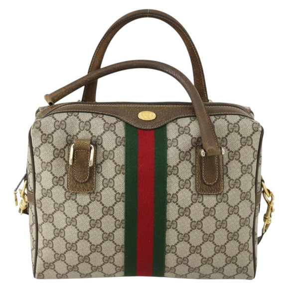 GUCCI GG Supreme Web Sherry Line Bag PVC 2way Beige Gold 67 02 3839 Auth BA8448