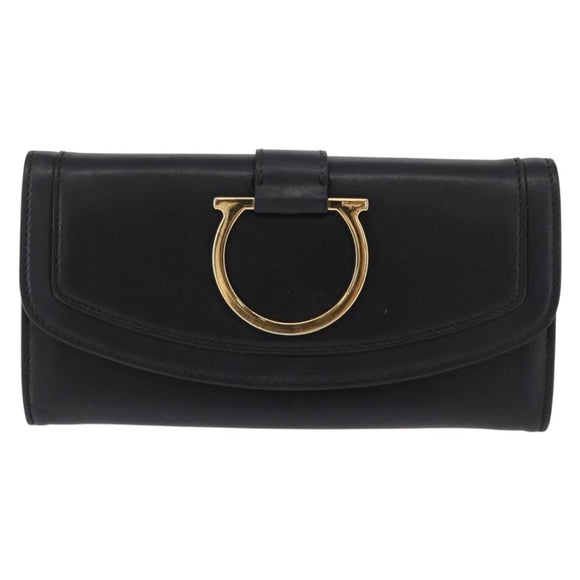 Salvatore Ferragamo Gancini Long Wallet Leather Black Gold Auth BA8462