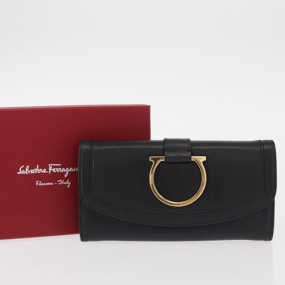 Salvatore Ferragamo Gancini Long Wallet Leather Black Gold Auth BA8462