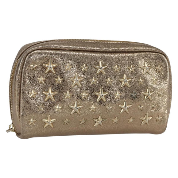 Jimmy Choo Studs Pouch Leather Gold Auth BA8467