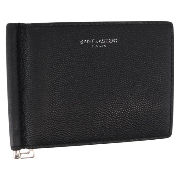 SAINT LAURENT Bill Clip Wallet Leather Black Silver Auth BA8469