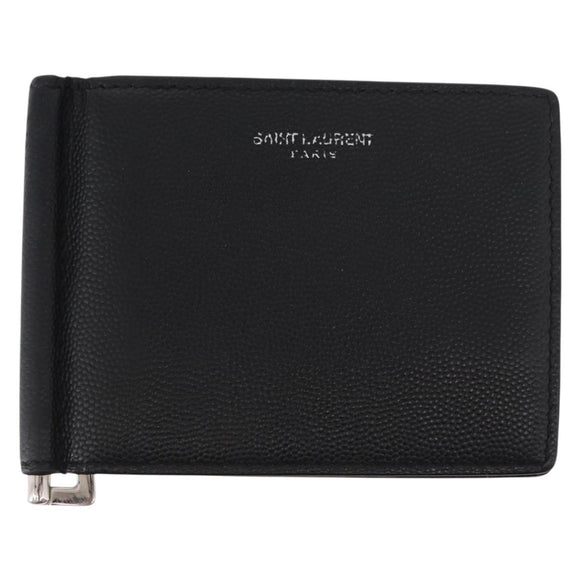 SAINT LAURENT Bill Clip Wallet Leather Black Silver Auth BA8469