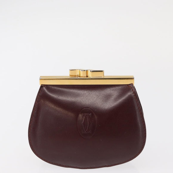 CARTIER Must Line Coin Purse Leather 2 Set Bordeaux Gold Auth BA8475