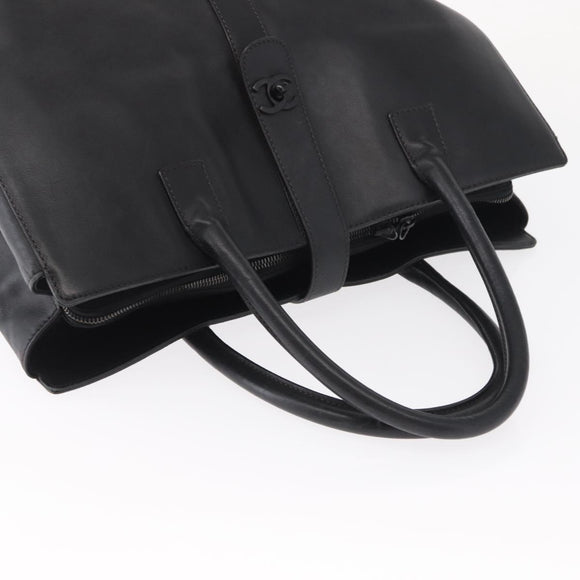 CHANEL Tote Bag Leather Black Silver CC Auth BA8491