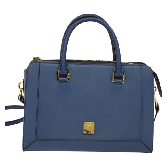 MCM Hand Bag Safiano leather 2way Blue Gold Auth BA863
