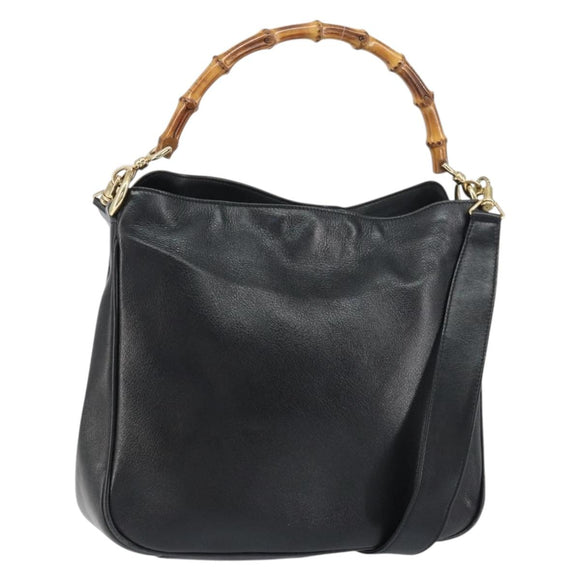 GUCCI Bamboo Hand Bag Leather 2way Black Gold 001 1998 1638 Auth BA8637