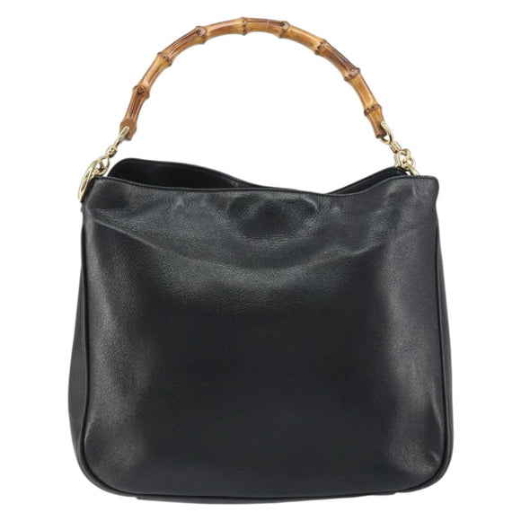 GUCCI Bamboo Hand Bag Leather 2way Black Gold 001 1998 1638 Auth BA8637