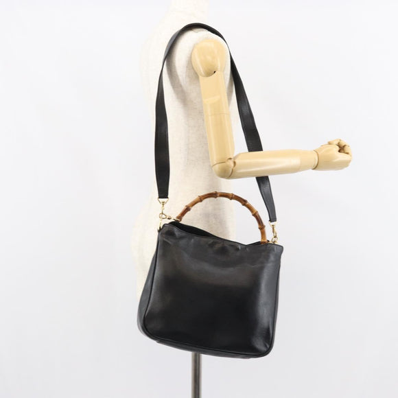 GUCCI Bamboo Hand Bag Leather 2way Black Gold 001 1998 1638 Auth BA8637